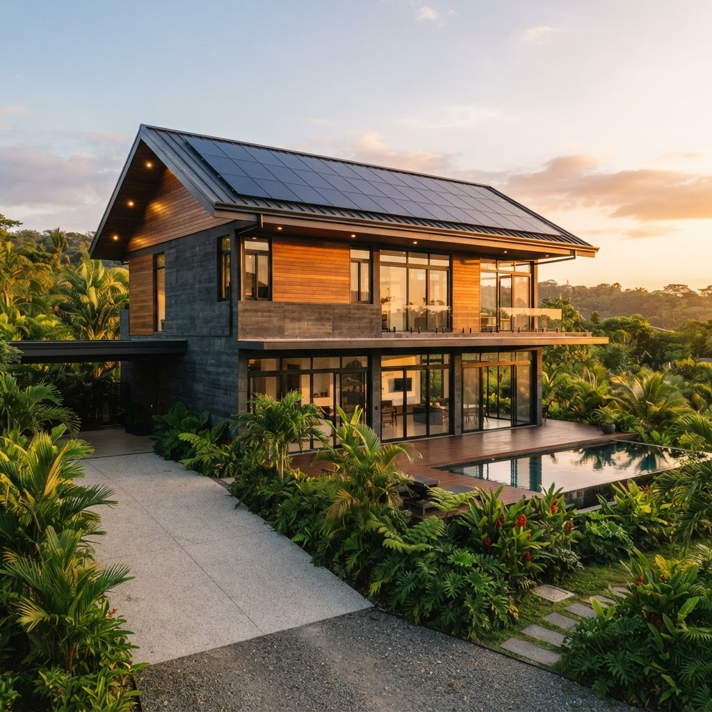 Modern residential villa with rooftop solar panels